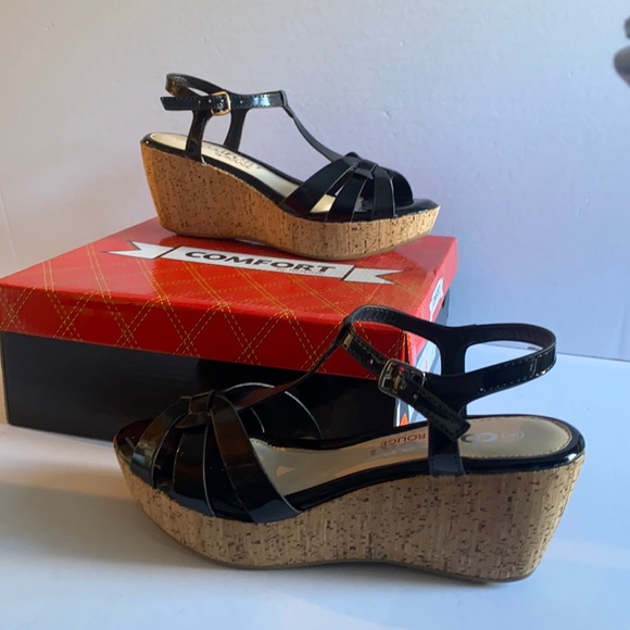 🆕 Black Patent Cork Wedged Strappy Patform Heels !!! - Picture 4 of 16